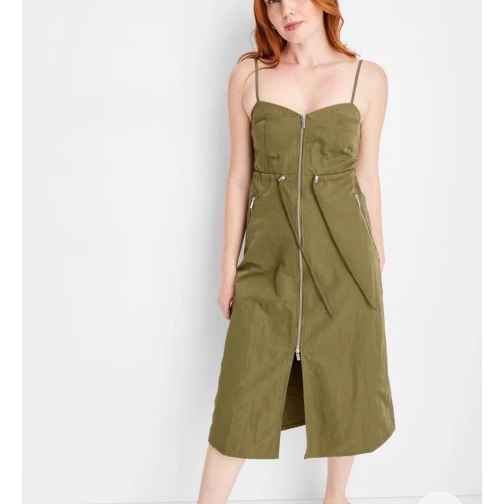 Future Collective Midi Dress Womens M Olive Green NWT Utility Zip Front Nylon